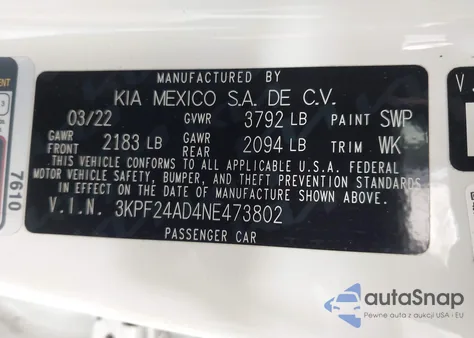 2022 Kia Forte Lxs из США, поврежденный, VIN 3KPF24AD4NE473802